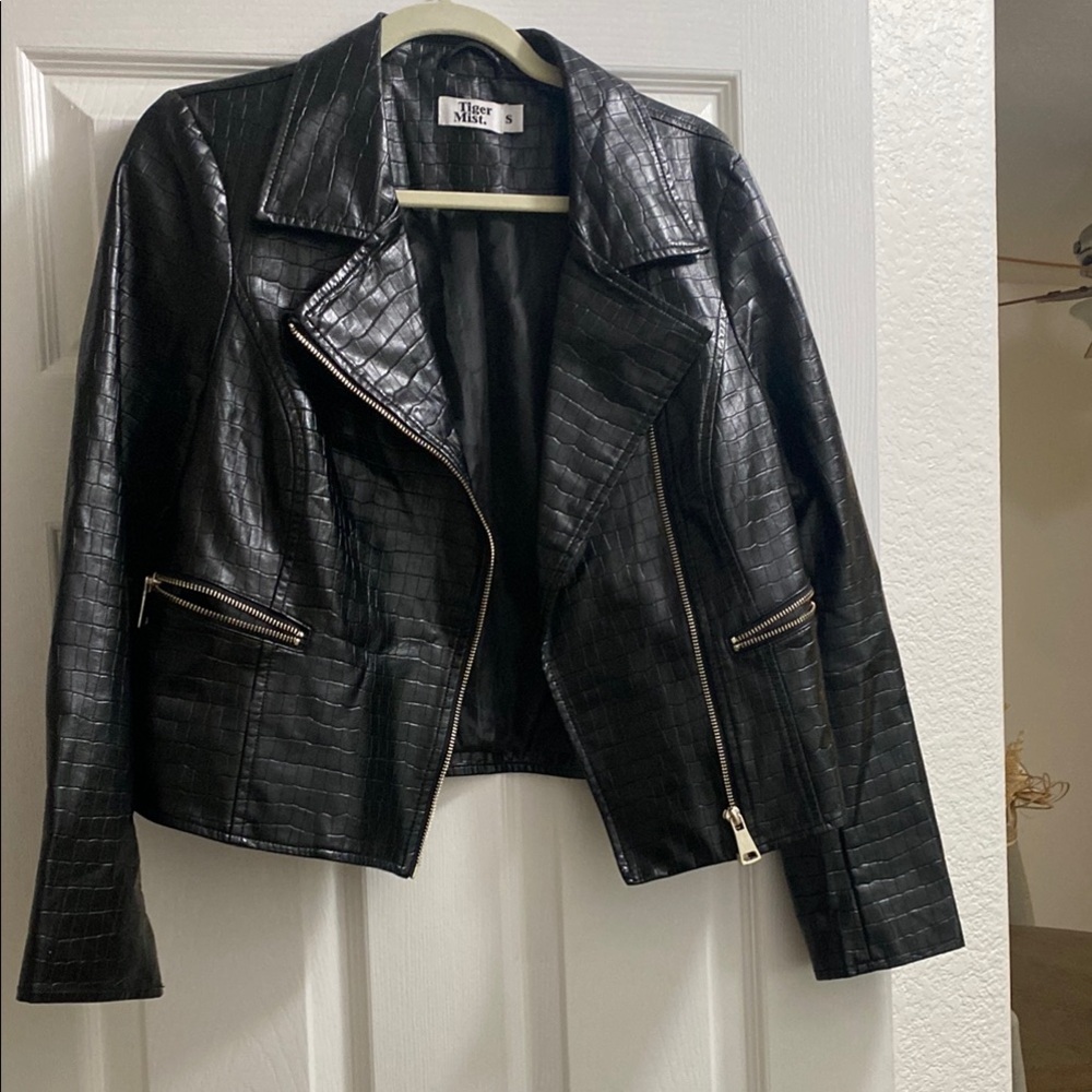 Tiger Mist Black Croc-Embossed Faux Leather Moto Jacket